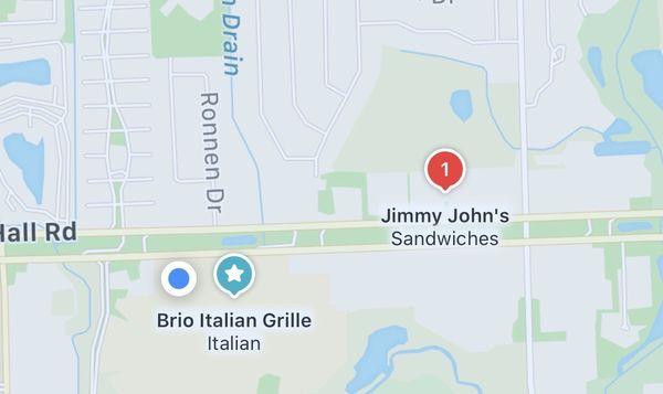 Nearly 1 hour to get a sandwich delivered from red dot to blue dot.