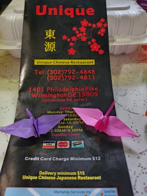 Current Menu and the two paper cranes I received for Mother's Day!