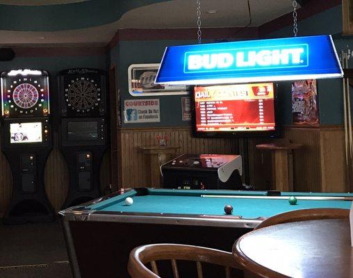 Pool table, electronic darts, golf, etc.