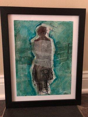 Charcoal figure with fluid acrylic and collage