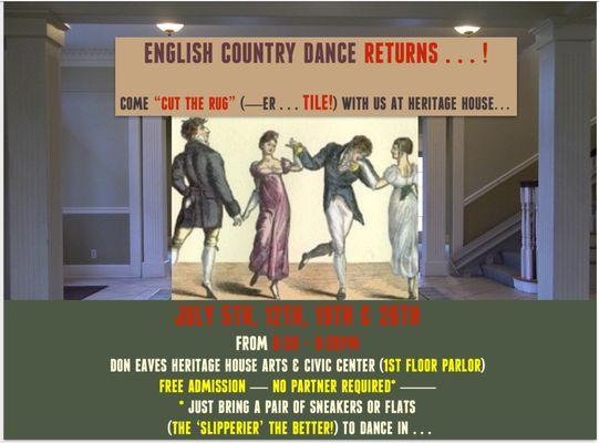 Put on your "dancin' shoes" and come to ENGLISH COUNTRY DANCE -- EVERY TUESDAY from 6:30 - 8:30pm  *No partner or experience required... :-)