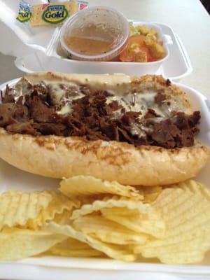 $6 Tummy Tickler special: Cheesesteak without onions, chips, side salad with house made dressing.