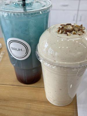 Frostbite mega tea and banana-caramel-pecan shake