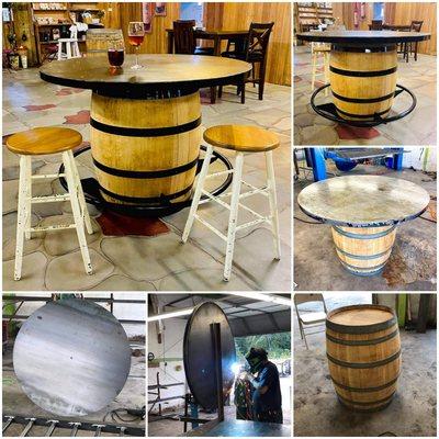 Table fabricated for local vineyard using an old wine barrel.