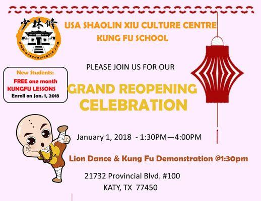 Grand Reopening Celebration 1/1/18 @1:30