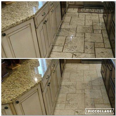 Travertine kitchen.  Lots of texture to hide dirt in, but boy does it look good when it is clean! Renu Carpet and Tile Cleaning