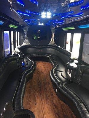 26 luxury limo bus.  iPod hookup, fiber optic lighting, and coolers.