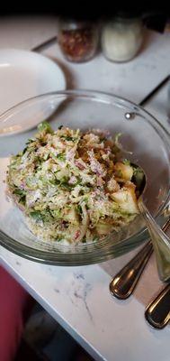 Shaved Brussels Sprouts Salad (apples, pancetta, parmesan, red onion, chillis, lemon vinaigrette, parsley). DELICIOUS!