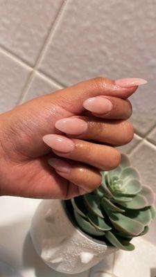 Almond shape using "bubble bath" nail color, done by Michelle