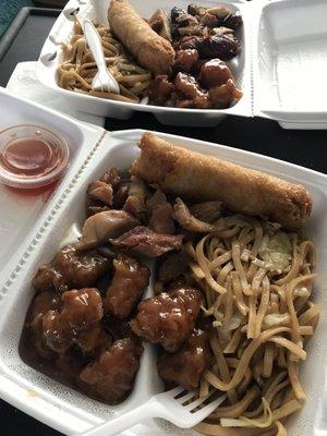 Both boxes had chicken egg rolls, vegetable lo mein and orange chicken. Top box had teriyaki chicken; bottom box had bourbon chicken