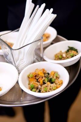 Five Spice Fried Quinoa, with Onions, Sweet Potatoes, Peas and Carrots, served with Pita