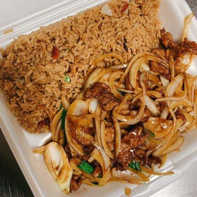 Mongolian beef combo with pork fried rice and an egg roll (not in picture)