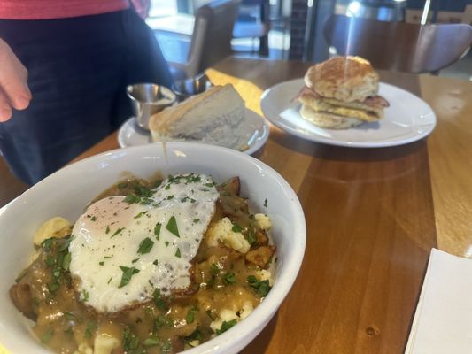 Breakfast poutine and a rosemary egg and cheese breakfast biscuit