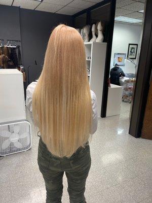 Unmatched color hair extensions.