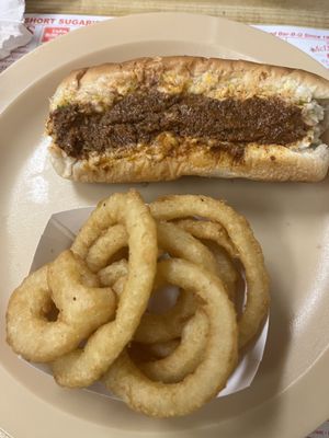 Hot dog all the way with onion rings