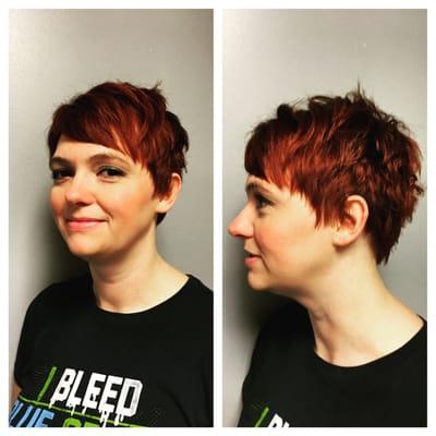 Brenda had a under cut bob for years and wanted something fresh. We cut it all off into a pixie and she loves it!