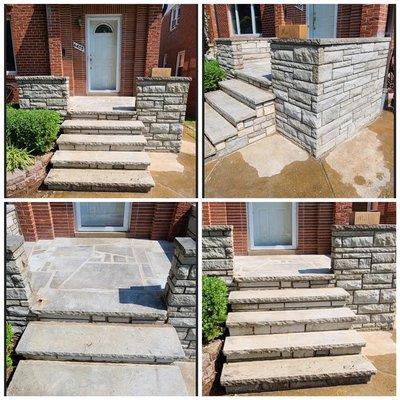 Complete porch tear down and relay with beautiful stone work, designed by our professional mason!