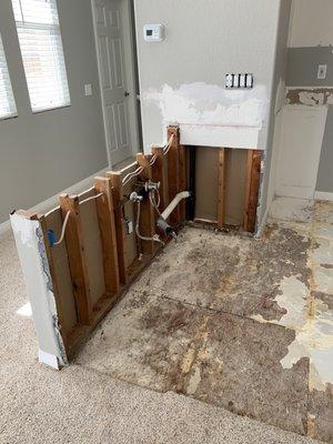 Drywall and tile flooring removed (we requested the tile floors to be removed), subfloor and 2x4s treated.