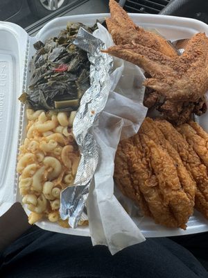 Fried whiting, wings, mac and cheese, and collards