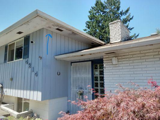 Chambers Bay House before photos.  pealing paint bad around soffits areas & mold scape, prime, 2 coats finish.             
July 2023