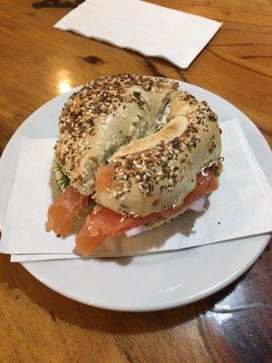 Morning smoked salmon bagel sandwich before heading out