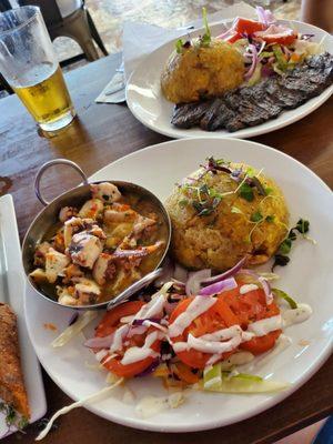 Medalla beer-skirt steak w/yucafongo-octopus salad w/yucafongo