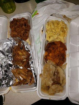 Yams, mac and cheese, cabbage, chicken and pulled pork