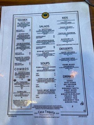 Dinner menu