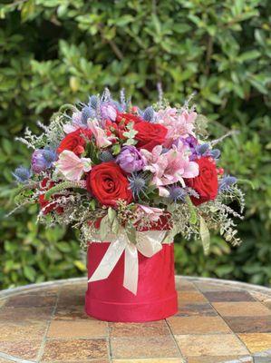 Colorful boxed flowers arrangement