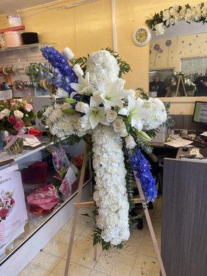 Sympathy Cross w/ White Rose break and Blue Delphinium