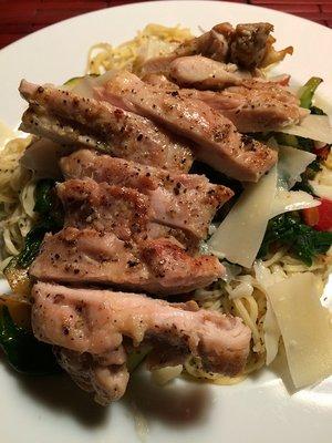 Chicken thighs over linguine