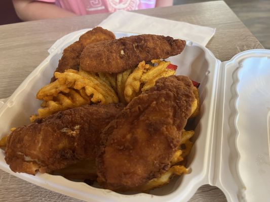 Food is good and portions are big -- esp for the prices. The chicken tenders and fries = $5!