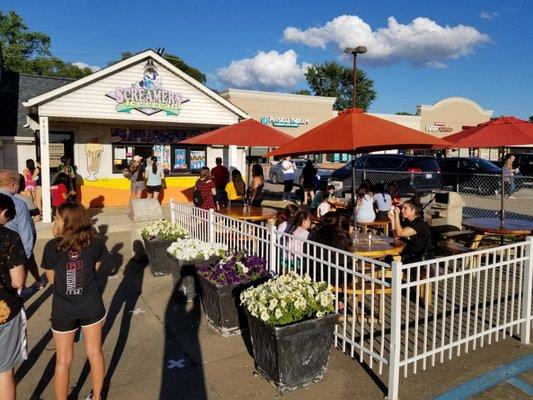 2020-07-13. Screamers Ice Cream, Sterling Heights, MI. Fenced off patio.