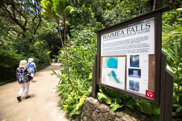 "Waimea Falls Path: Guided signs lead to Oahu's serene cascade. Wander through tropical flora & fauna, embracing nature's embrace.