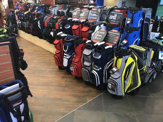 Huge selection of golf bags. We carry all major brands ranging to off brands so we have something for everyone and every budget.