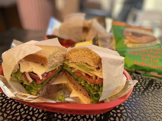 The Hip Max Sandwich on Wheat  Roast beef, turkey, mustard, mayo, lettuce, tomato, red onions, avocado & cheese