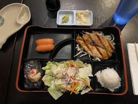 Lunch bento box w/ salmon nigiri & salmon teriyaki