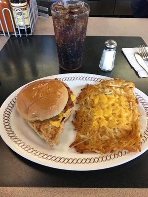 Chicken sandwich, hashbrowns covered