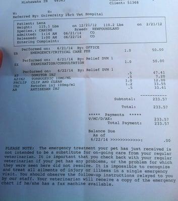 This is the emergency vet bill dated 6/21/14. We had picked Lena up during the early evening hours the day before.