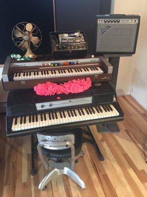 Farfisa organ and Fender Rhodes 73 with tape echo unit.