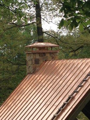 Custom fabricated copper chimney cap and copper roof installation