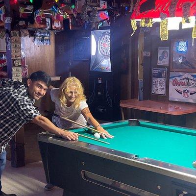 Debra and Daniel playing at EDS pool table WITH NEW RAILS AND FELT!!!!