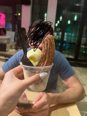 Vanilla ice cream, guava filled churro