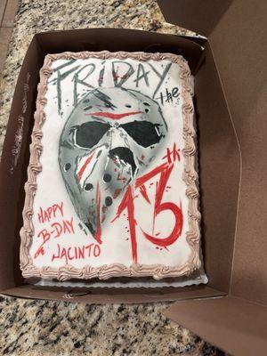 1/4 sheet cake, themed Friday the 13th. Delicious mocha chocolate. Thank you.