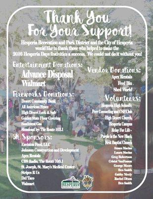 Thank you to our 2016 Hesperia Days Donors!