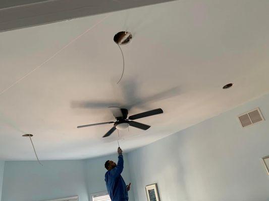 Recessed lights installed and ceiling fan