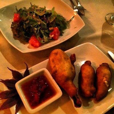 Watermelon salad and deep fried squash blossoms stuffed with goat cheese and served with tomato jam