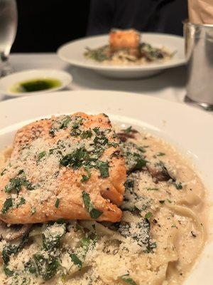 Good food and good service. Alfredo with salmon, spinach, and mushrooms.