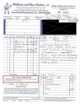 Invoice issued to me prior to confirming any csope of work or confirmation of price/rates. The invoice clearly states: "ONE YEAR GUARANTEE"