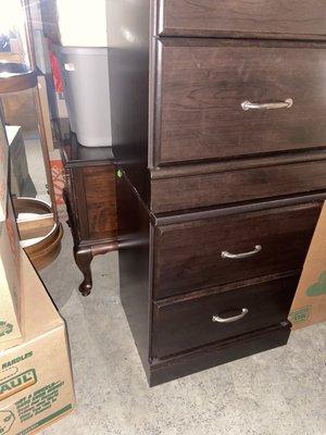 Stacking tub and box on cherry table. Also, double stacking hardwood furniture